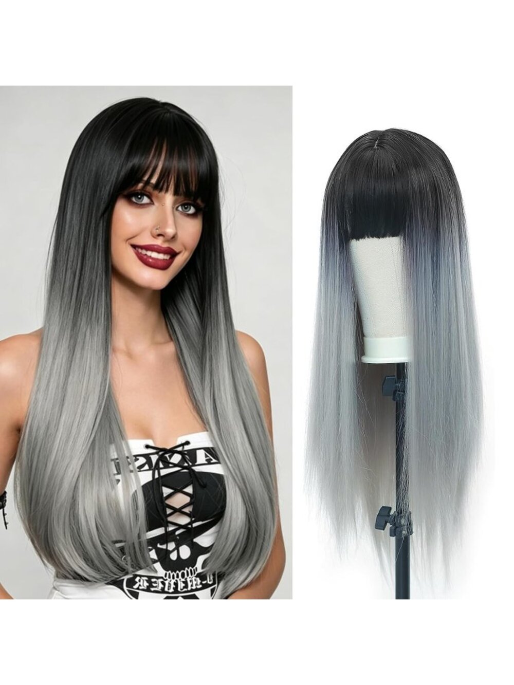 Women's Silver Grey 26 Inch Heat Resistant Synthetic Long Straight Wigs Bangs